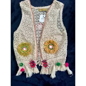 NWT FETICHE SUANCES BOHO CROCHET BANJARA VEST MIRRORS, SHELLS, BEADS, TASSELS